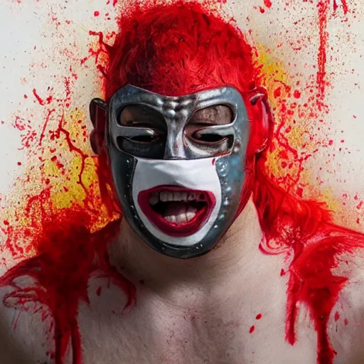 Image similar to realistic portrait photorealistic painting of bleeding young man with mask wrestler is trying to fight back. fine art, trending on artstation, smooth draw, sharp focus, digital art, bright colors.