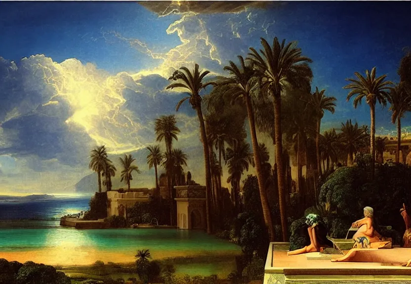 Image similar to The highest palace ever made, thunderstorm, greek pool, beach and palm trees on the background major arcana sky, by paul delaroche, hyperrealistic 4k uhd, award-winning very detailed