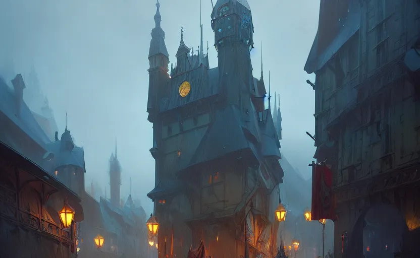 Prompt: a medieval city with rainy and moody cinematic lighting by darek zabrocki and greg ruthkowski, alphonse mucha, simon stalenhag and cinematic and blue cold atmospheric, concept art, artstation, trending on artstation