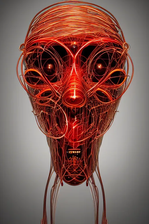 Prompt: organic cyborg head wrapped in plastic wire by pixar, centered, symmetrical, cinematic lighting, gold and red, bilateral symmetry, 80s poster, polished, thick smoke, retro dark vintage sci-fi, 2D matte illustration