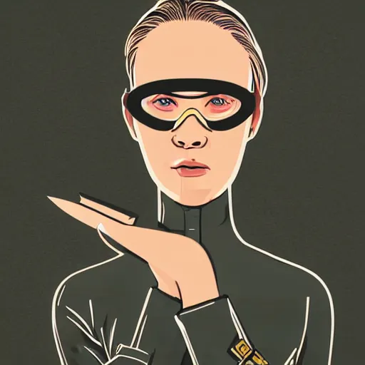 Prompt: tattooed stoic heroic emotionless dirty butch blonde woman engineer with very short slicked - back hair, uncomfortable awkward and anxious, wearing dark - lensed victorian goggles, wearing flight suit, moebius, rough paper, smooth median photoshop filter cutout vector, moebius, behance hd