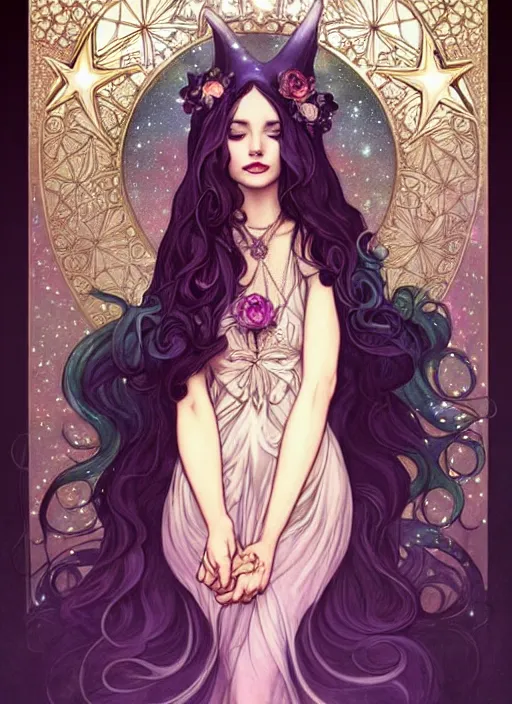 Image similar to fantastic portrait of a beautiftul witch with some shinny star, royally decorated crystal gemstones, symmetrical face, art nouveau, portrait, cute, fairy, by artgerm, kelly mckernan, charlie bowater, alphonse mucha, detailed background, artstation, intricate, elegant, highly detailed