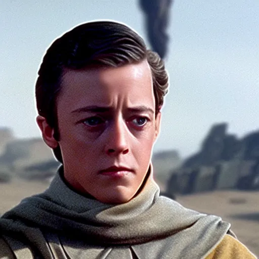 Image similar to film still of young alec guiness as a jedi in new star wars movie, lighting, highley detailled, kodak film
