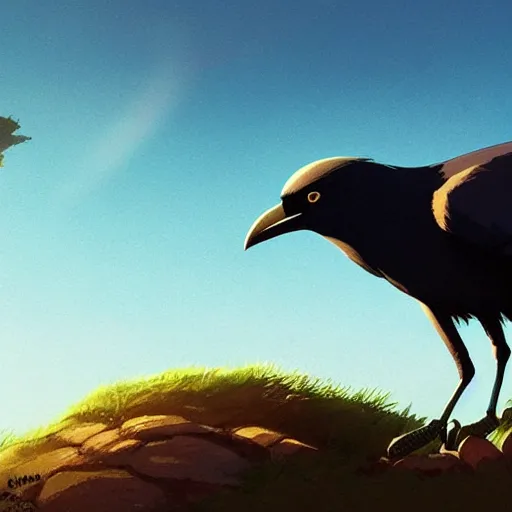 Image similar to a wholesome animation key shot of a crow on a hill, studio ghibli, pixar and disney animation, sharp, anime key art by greg rutkowski, bloom, dramatic lighting