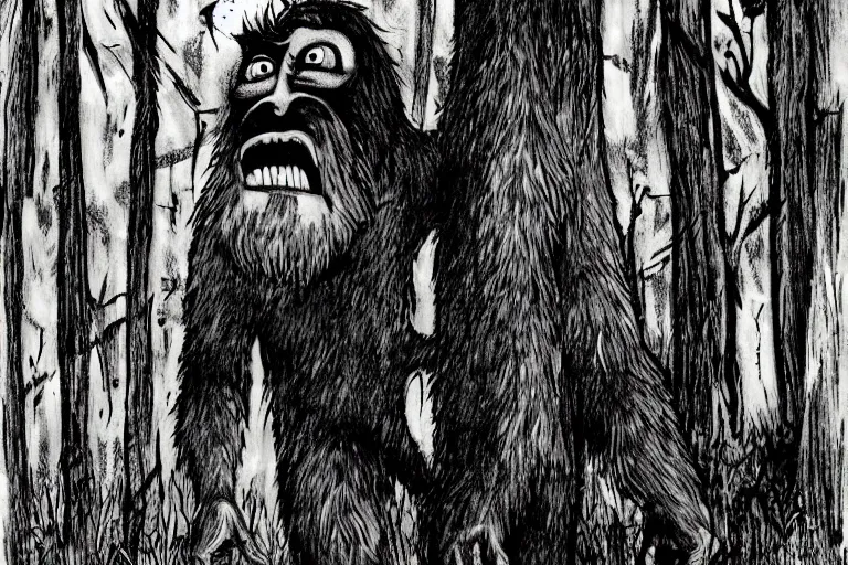 Image similar to mad bigfoot screaming in the woods artwork by ben templesmith