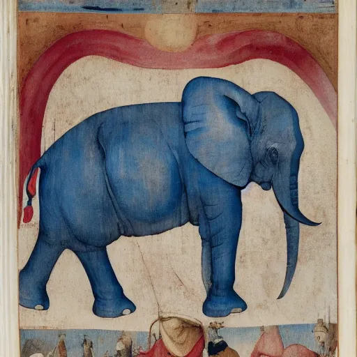 Image similar to elephant, red white blue, hieronymus bosch