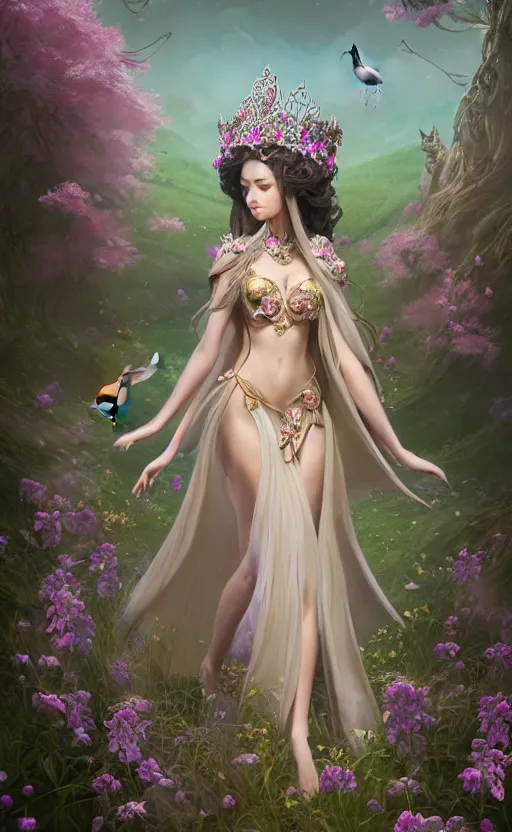 Image similar to A beautiful fantasy empress, highly detailed full body, just one head, amazing flower tiara, long hair, wearing aristocrat robe, delicate figure, field of flowers, among foxes and deer, epic composition, ultra wide-shot, dynamic pose, concept art, beautifully lit, person center composition, digital painting, smooth, character design, sharp focus, elegant, intricate, trending on artstation, by WLOP and James Jean and Victo Ngai
