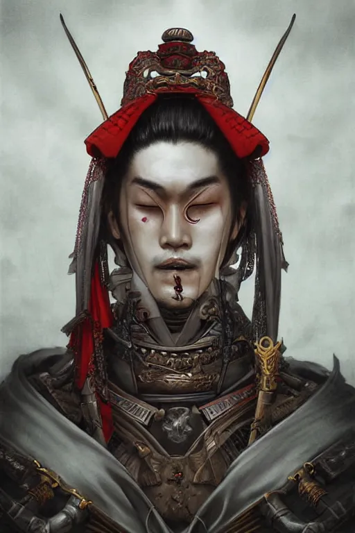 Prompt: digital painting low angle shot face portrait of samurai vampire by ayami kojima, tom bagshaw, tooth wu, in the style of epic dark - fantasy, intricate detail, shogun, skull motifs, red, bronze, artgerm