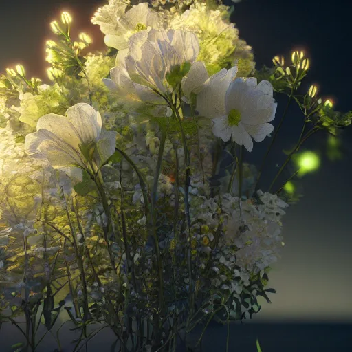 Prompt: Luminescent flower blooming at twilight, realism, photorealism, f 3.5, photography, octane render, highly detailed, vray, volumetric lighting,