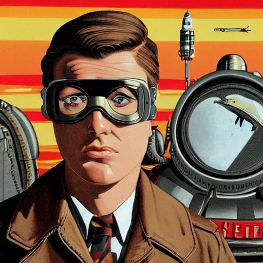 Prompt: heroic square - jawed handsome emotionless serious blonde butch woman aviator, with dark brass victorian goggles, very short butch slicked - back hair, wearing brown leather jacket, standing in front of small spacecraft, alien 1 9 7 9, illustration, science fiction, retrofuture, highly detailed, colorful, graphic, ron cobb, mike mignogna