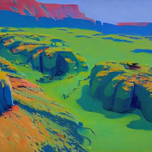 Image similar to painting of a lush natural scene on an alien planet by wayne thiebaud. beautiful landscape. weird vegetation. cliffs and water.