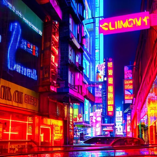 Image similar to cyberpunk city scene at night with colorful neon lit rainy streets and signs with a flamingo, film still