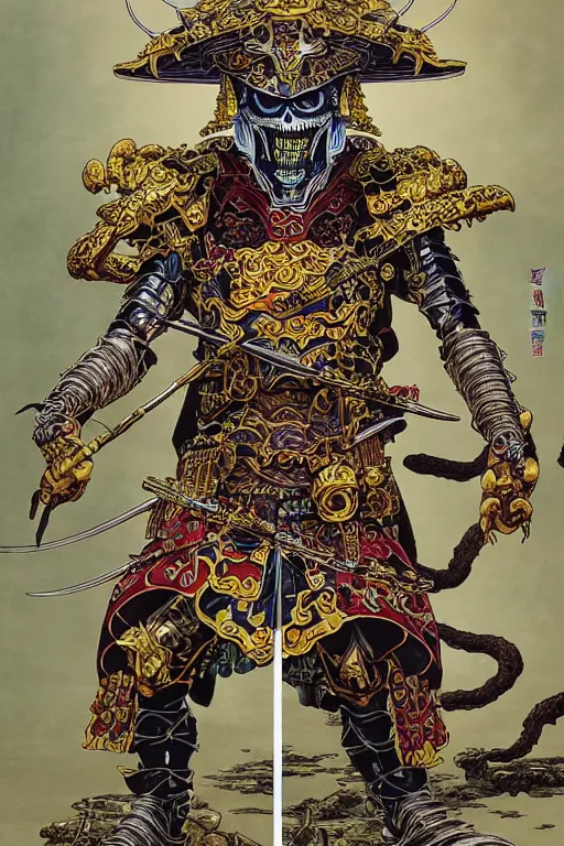 Image similar to portrait of a crazy skeletor warrior with the tang dynasty of china armor and helmet, by yoichi hatakenaka, masamune shirow, josan gonzales and dan mumford, ayami kojima, takato yamamoto, barclay shaw, karol bak, yukito kishiro