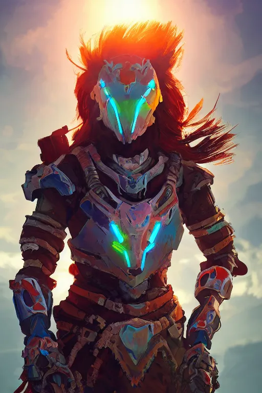 Image similar to combination suit armor aloy horizon forbidden west horizon zero dawn radiating a glowing aura global illumination ray tracing hdr fanart arstation by ian pesty and alena aenami artworks in 4 k tribal robot ninja mask helmet backpack