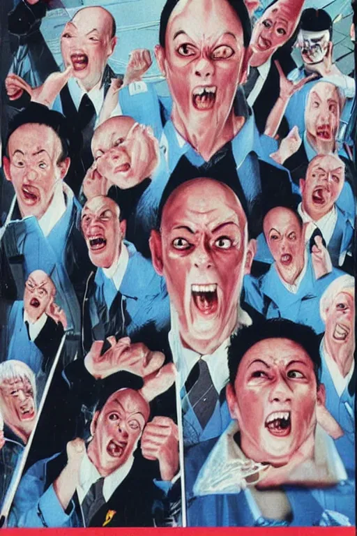 Image similar to coneheads, japanese vhs cover art, detailed facial expressions