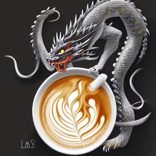 Image similar to asian dragon breathing fire as latte art, award winning, white background, deviantart, beautiful, intricate, highly detailed, digital painting, artstation, concept art, smooth, sharp focus, illustration,