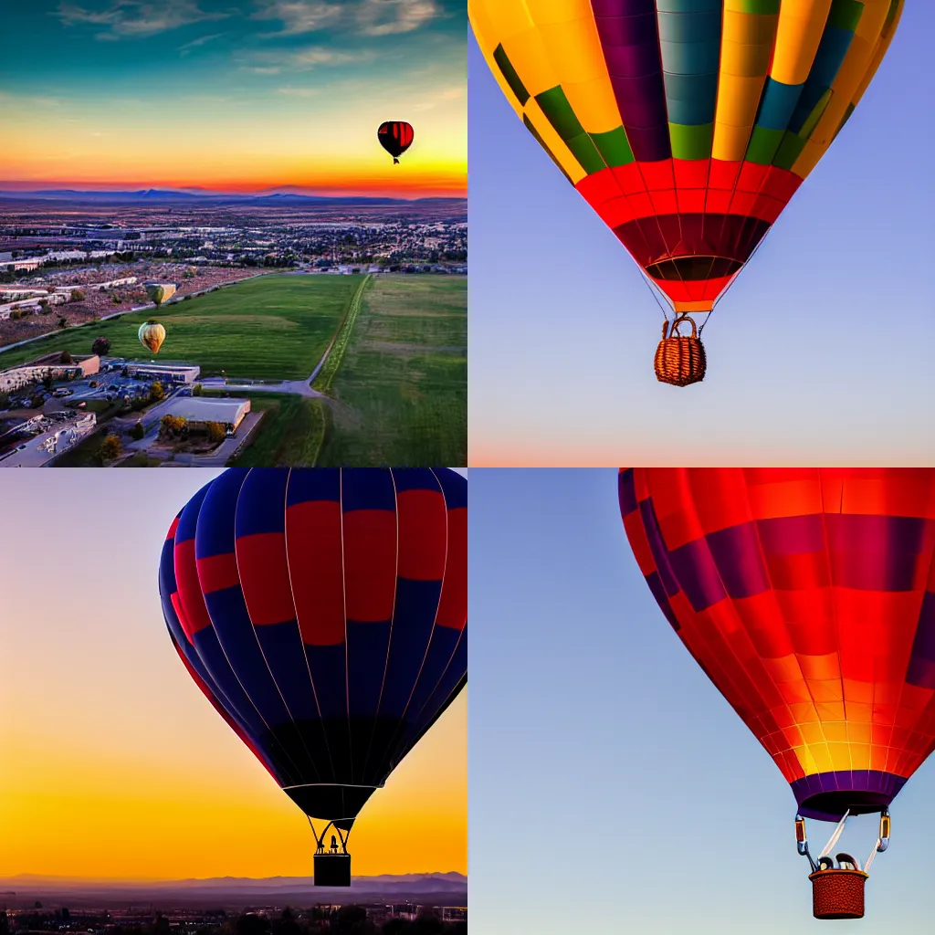 Prompt: hot air balloon floating over boise idaho at sunrise, dslr photo, dramatic lighting, 4k