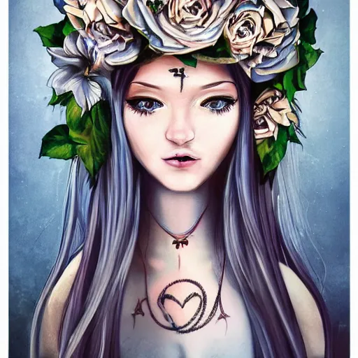 Image similar to incredibly beautiful portrait of A girl who looks like a priestess of love. With a gorgeous wreath of flowers on her head and blue eyes. White hair. Tattoo