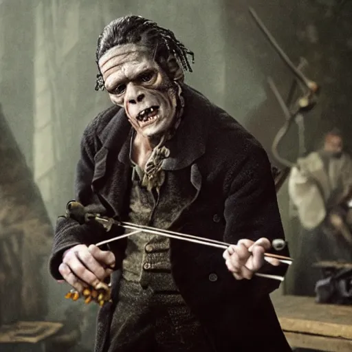 Image similar to UHD candid photo of Frankenstein playing violin, with accurate face, UHD, photorealistic, correct face, real strativarius, photo by Annie Leibowitz