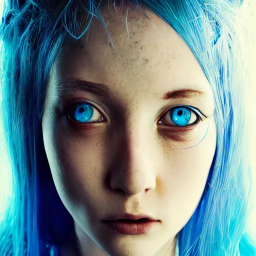 Image similar to dragon girl, portrait of young girl half dragon half human, dragon girl, dragon skin, dragon eyes, dragon crown, blue hair, long hair, highly detailed, cinematic lighting, by Lars Von Trier