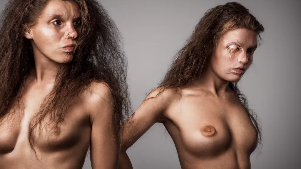 Image similar to a stunning neanderthal girl, posing for a revealing magazine cover photo, studio lighting