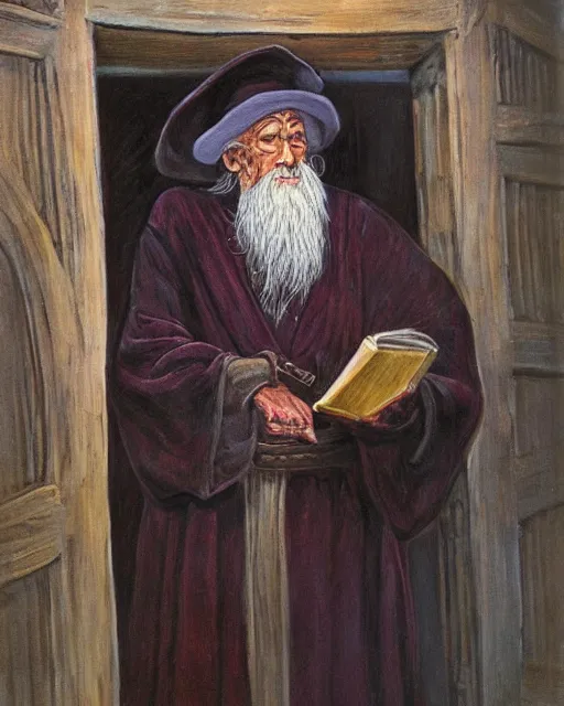 Image similar to Clyde Caldwell portrait painting of a old rugged actor wizard wearing a wizard hat and robe from the hobbit holding a book and standing in front of an ancient wooden door