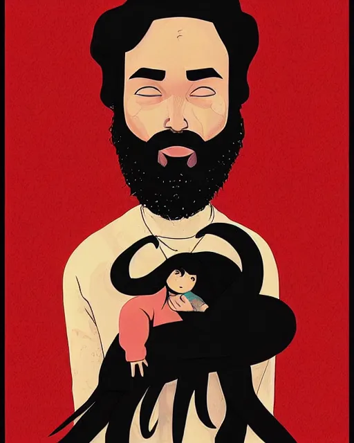 Prompt: portrait of an unkle moon with long black hair and beard and his imaginary bird friend, fine portrait, beautiful, realistic, magical, by tomer hanuka