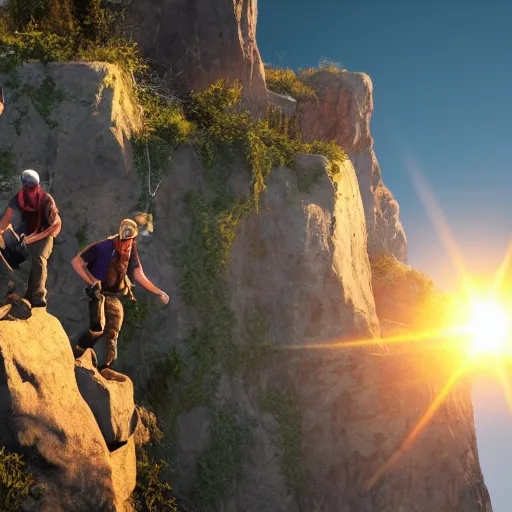 Image similar to four men building an adventure party. they jumpdown a cliff as a team. v - ray render. 8 k. expressive. dynamic lighting. lensflare. realistic.