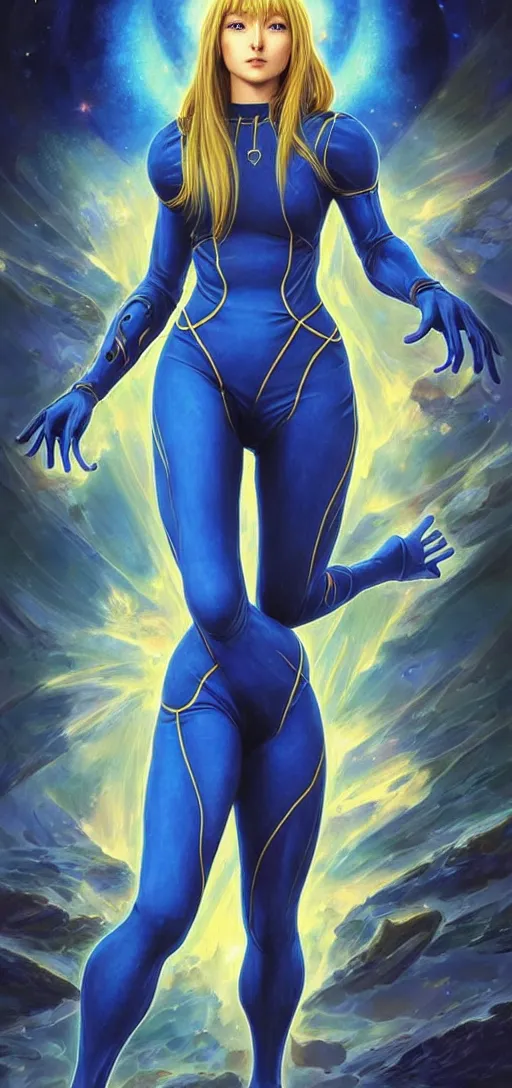 Image similar to perfectly detailed samus aran tarot card!! blessed by sci fi space with ever - increasing physical mental perfection, symmetrical! intricate, tight blue spandex full body suit, sensual features, highly detailed, biblical divine holy perfection!! digital painting, artstation, concept art, smooth, sharp focus, illustration, art by artgerm and greg rutkowski and alphonse mucha