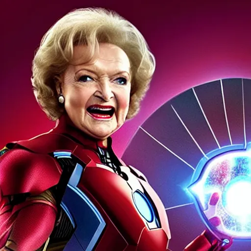 Image similar to promotional still of betty white as marvel's iron man [ film ], hero pose but shy, action, adventure, romance, imax 7 0 mm, 4 k