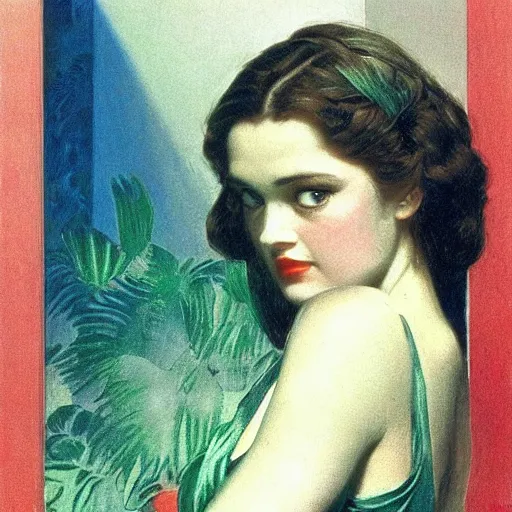Prompt: a lot of patterns morphing in a beautiful girls face, film still by kubrick, depicted by herbert james draper, arnold bocklin, john willaim godward, limited color palette, very intricate, highly detailed, lights by hopper, minimalist