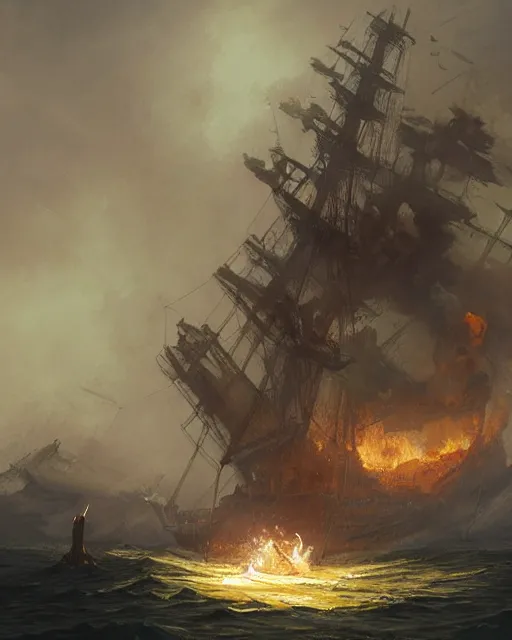 Image similar to a highly detailed epic cinematic concept art CG render digital painting artwork: Pirate ghost ship on fire. By Greg Rutkowski, in the style of Francis Bacon and Syd Mead and Norman Rockwell and Beksinski, open ceiling, highly detailed, painted by Francis Bacon and Edward Hopper, painted by James Gilleard, surrealism, airbrush, Ilya Kuvshinov, WLOP, Stanley Artgerm, very coherent, triadic color scheme, art by Takato Yamamoto and James Jean