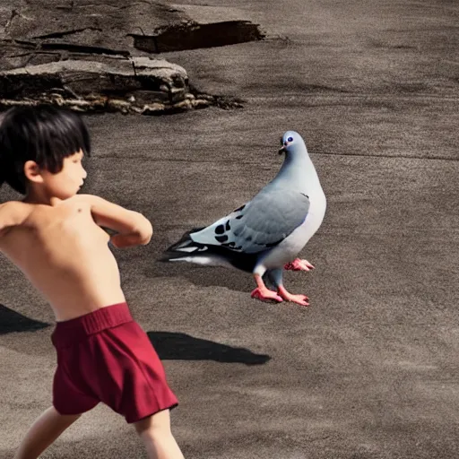 Prompt: a pigeon vs a kid kung fu style in a dojo for a piece of bread, facing each other, stand off, muscled pigeon like the rock, best photo award, high quality 8 k, cinematic lighting, cinematic composition, high detail, realism : 9 5 %