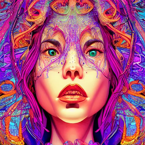 Image similar to the head of a ridiculously beautiful and pretty woman partially made of onion rings of all colors looking up, an ultrafine detailed illustration by james jean, final fantasy, intricate linework, bright colors, behance contest winner, vanitas, angular, altermodern, unreal engine 5 highly rendered, global illumination, radiant light, detailed and intricate environment