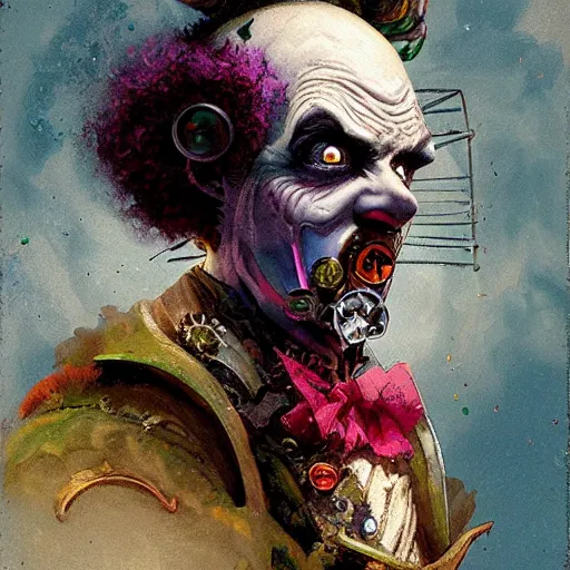 Image similar to Portrait of a creepy steampunk clown, fantasy, colorful, detailed, by Greg Rutkowski and Dave McKean, pink and gold color palette