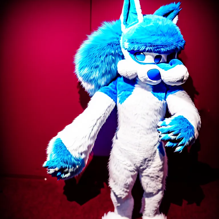 Prompt: photo of a fursuiter ( spherical dragon ) ( blue + white fur ) posing | | fullbody fursuiter photoshoot, photo portrait of a cute roguish male furry fursuiter ( tail attached ), key visual, warm lighting, hd, taken at anthrocon ( furry convention ), 1 6 k