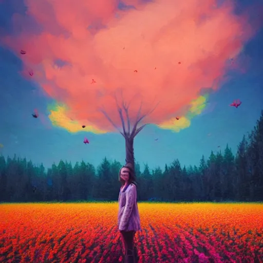 Image similar to flower face, girl standing in flower field, surreal photography, big trees, sunrise dramatic light, impressionist painting, colorful clouds, digital painting, pointillism, artstation, simon stalenhag