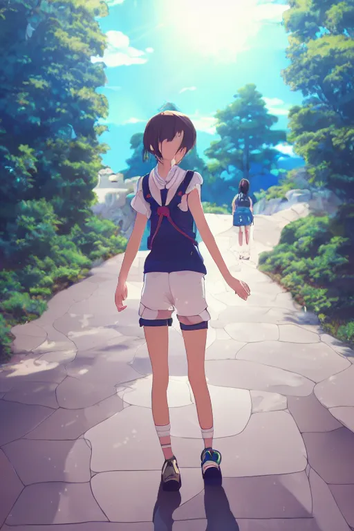 Image similar to anime key visual style cel shaded girl in an anime world, incredibly detailed, ultra realistic, down left arm and back, wearing a vest top, white shorts and hiking boots, stood in sunshine in front of a door, 4k, anime key visual, lois van baarle, ilya kuvshinov, rossdraws, pixiv