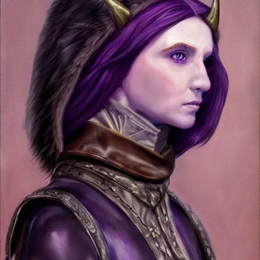 Prompt: oil painting a female medieval fantasy tolkien elf, dark purplish hair tucked behind ears, wearing leather with a fur lined collar, wide face, muscular build, scar across the nose, cinematic, character art, l, detailed.