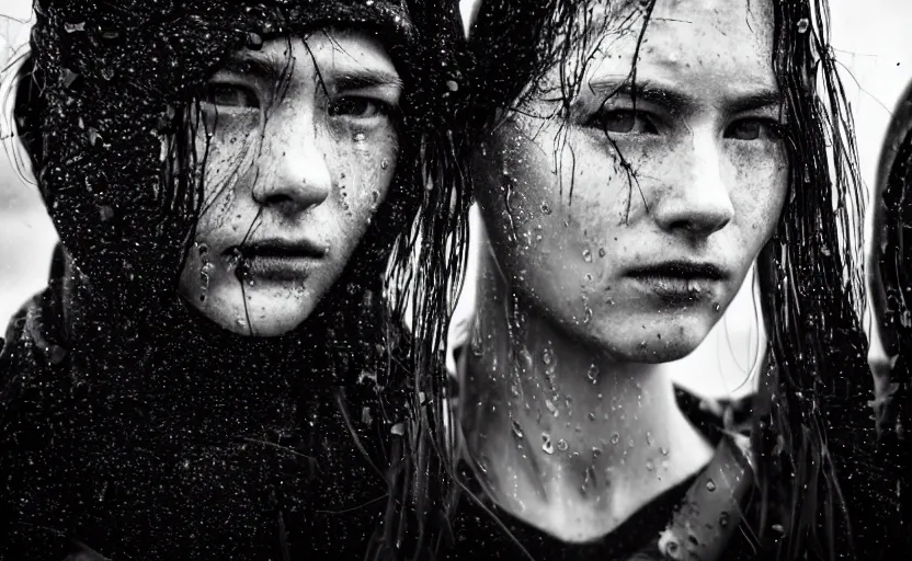 Image similar to cinestill 5 0 d candid photographic portrait by christopher nolan of two loving female androids wearing rugged black mesh techwear in treacherous waters, extreme closeup, modern cyberpunk moody emotional cinematic, pouring rain, 8 k, hd, high resolution, 3 5 mm, f / 3 2, ultra realistic faces, ex machina