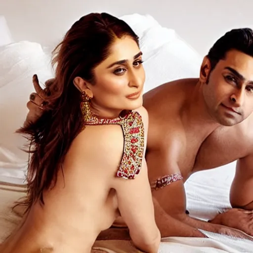 Image similar to kareena kapoor with two mans in the bed, au naturel, hyper detailed, photographic, cinematic lighting, studio quality.