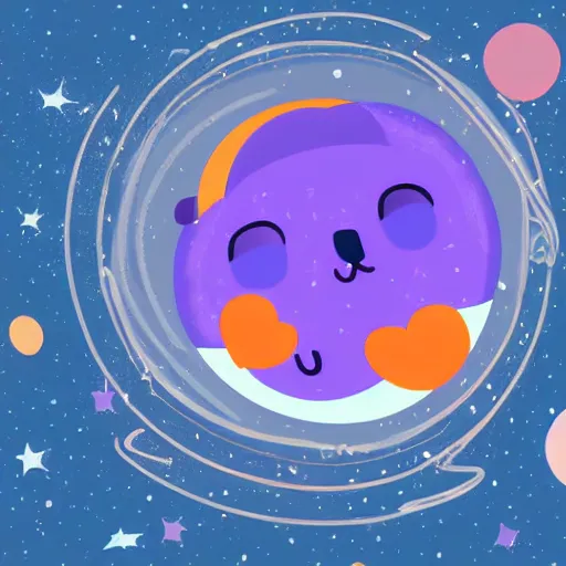 Image similar to cartoon illustration of a bear mascot being launched from a futuristic marble planet, purple and orange cloudland