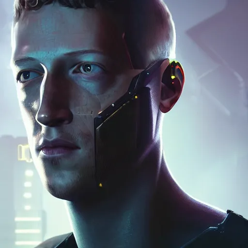 Image similar to front view, imposing, ominous portrait of cyborg Mark Zuckerberg as a cyberpunk 2077 loading screen, symmetry, front view, intricate, studio, art by anthony macbain + greg rutkowski + alphonse mucha, concept art, 4k, sharp focus