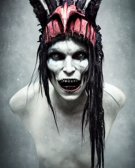 Image similar to xenomorph - human ghost - spirit of the grim - warpaint wears the scarlet skull armor and native blood headdress feathers, midnight fog - mist!, dark oil painting colors, realism, cinematic lighting, various refining methods, micro macro autofocus, ultra definition, award winning photo, photograph by ghostwave - gammell - giger - shadowlord