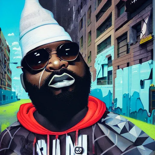 Image similar to matte painting rick ross, weed, graffiti, hard edges, geometric 3 d shapes, deep blue, og, street art, asymmetrical, marijuana, smoke, highly detailed masterpiece by sachin teng x supreme