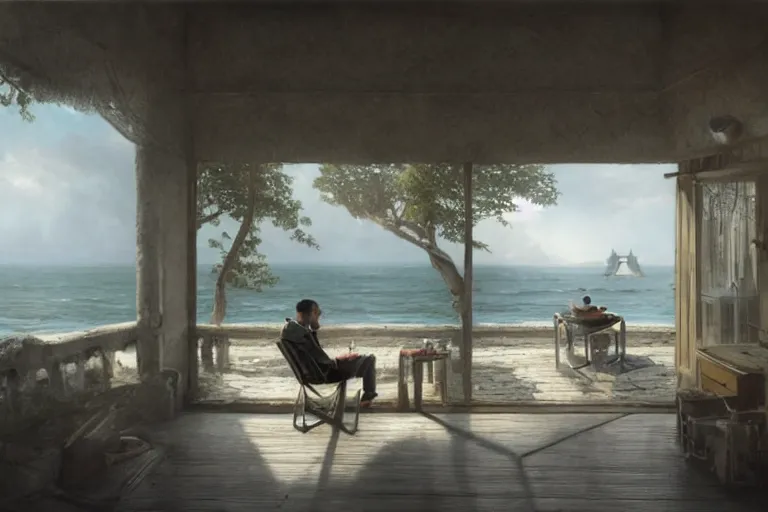 Image similar to a matte painting of a man sitting down and having a cup of tea in his house by the beach, by greg rutkowski,