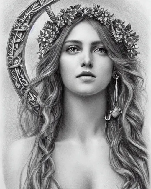 Image similar to pencil drawing of the very beautiful greek goddess aphrodite wearing a laurel wreath with arrowhead earrings, piercing eyes, beautiful flowing hair, hyper realistic face, in the style of greg rutkowski, fantasy, amazing detail, epic, elegant, smooth, sharp focus, young