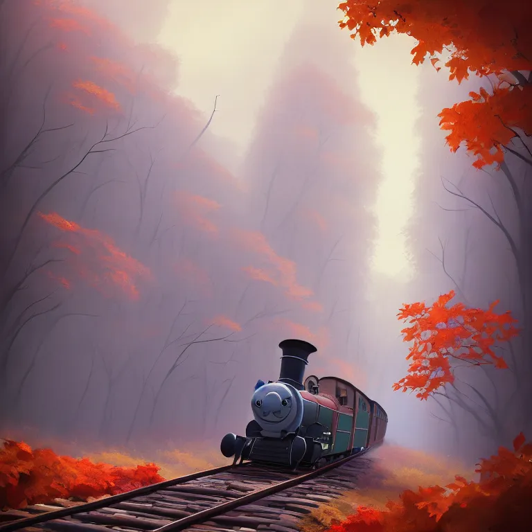 Image similar to Goro Fujita illustrating An antique steam train with a large white cloud coming out of the chimney travels through a beautiful autumn forest along the railroad tracks, art by Goro Fujita, concept art, sharp focus, ArtStation