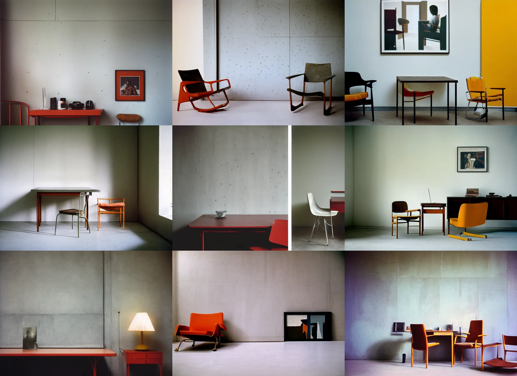 Prompt: kodak portra 4 0 0, 8 k, wide flashlight shot of a highly detailed, britt marling style, colour still - life portrait of a large minimalistic room, rough concrete walls, square pictureframes, a picasso painting, a 1 9 6 0 s table, 6 0 s chair,