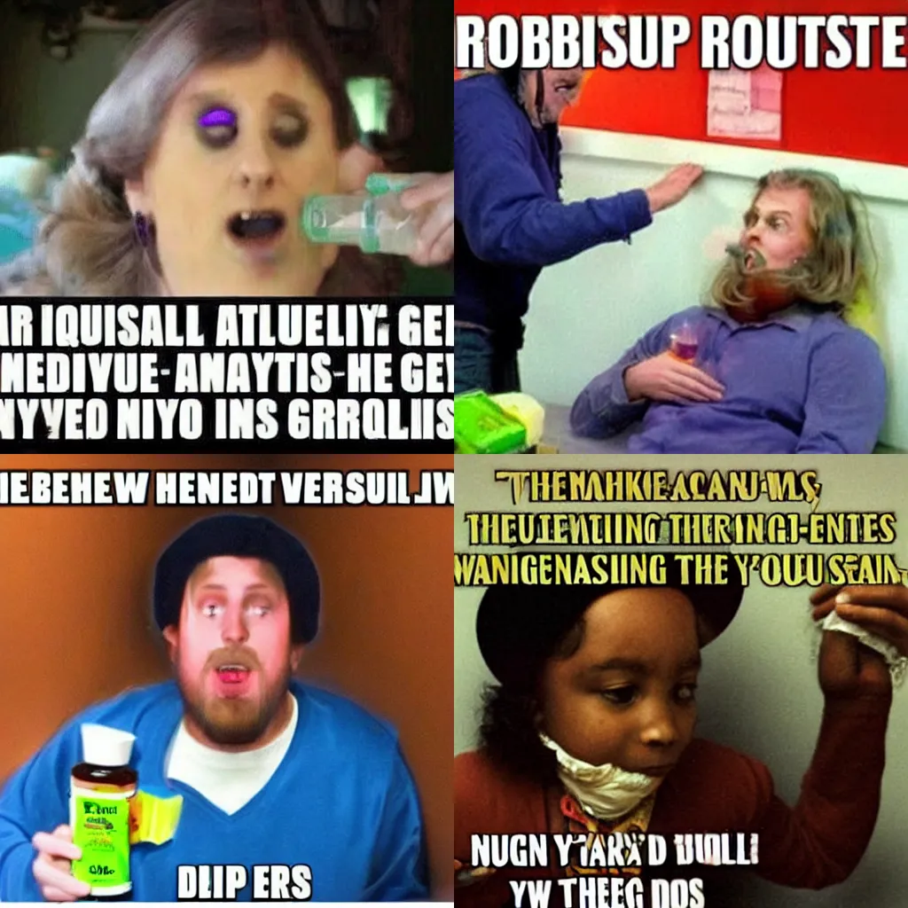 Prompt: a hilarious, surreal Robitussin NyQuil meme